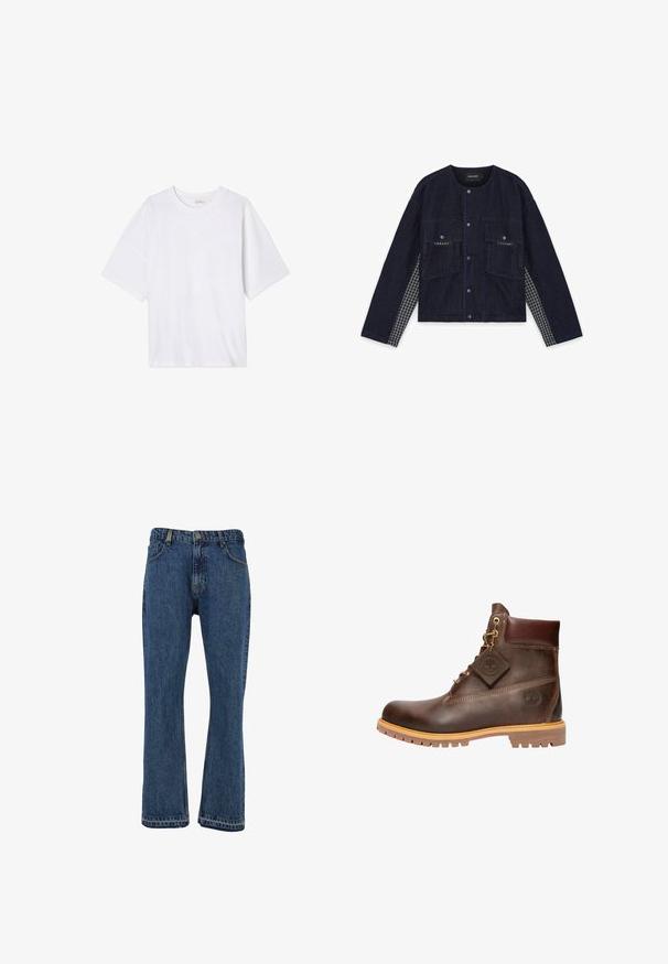 Mørk denimjakke med to forsyningslommer, trykknapper og ternede sidepaneler. Rund halsudskæring og lange ærmer, afslappet design.; Hvid kortærmet t-shirt lavet af blødt stof. Har en rund halsudskæring og en afslappet pasform med en lige kant. Ingen mønstre eller hardware.; Blå denimjeans med lige ben, klassisk fem-lomme design og metalbeslag. Syet kant med en let falmet finish.; Brun læder ankelstøvle med rund tå, solid sål, hardware i guldtone og en tekstureret overdel. Inkluderer et logo-tagfæstet.