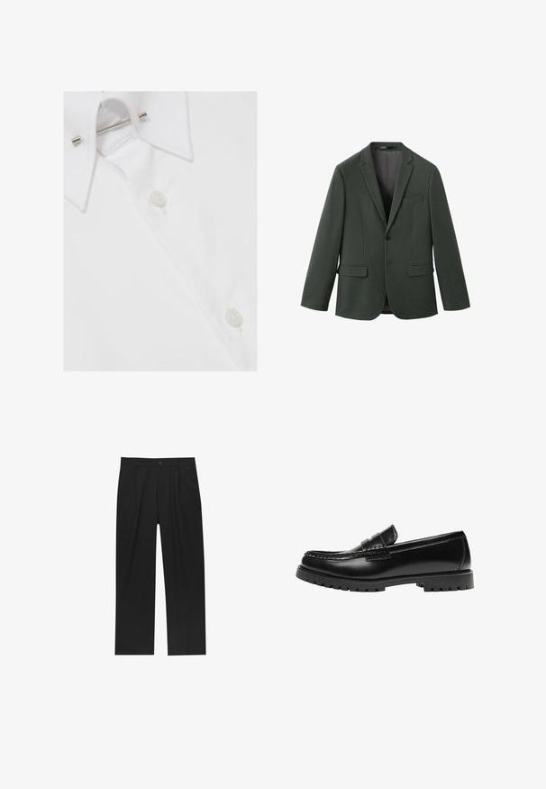 Blazer vert foncé en tissu lisse avec une fermeture à un bouton, des revers crantés et deux poches avant. Aucun motif ou accent visible.; Col de chemise blanche avec renforts métalliques et deux boutons visibles sur un fond en tissu lisse.; Pantalons noirs au design droit, fabriqués à partir d'un tissu lisse. Dotés de plis sur le devant et d'une fermeture à un bouton à la taille.; Mocassin en cuir noir avec une semelle en caoutchouc épaisse et un détail classique de bride à monnaie, vu de côté extérieur.