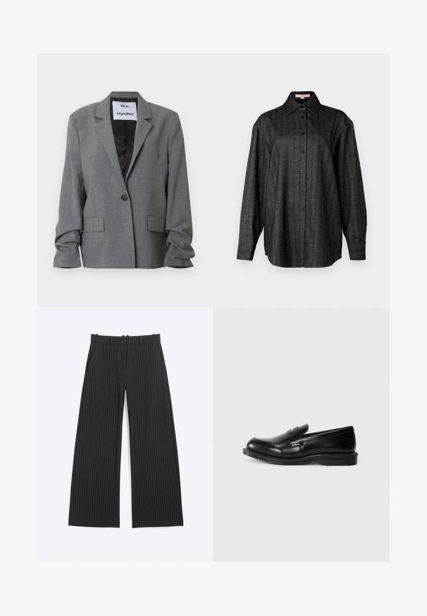 Grå enkeltknappet blazer med hakkede revers, to lommer med klap og let rynkede lange ærmer, mærket "Won Hundred" inde i kraven.; Sort og grå stribet skjorte med lange ærmer, knaplukning foran og klassisk krave. Lavet af tekstureret stof med en afslappet pasform.; Sorte vidde bukser med tynde hvide nålestriber, bæltestropper, forlommer og en skjult lukning foran.; Sorte læder loafersandaler med en glat finish, rund tå og syet detaljering på overdelen, samt en tekstureret gummisåler for godt vejgreb.