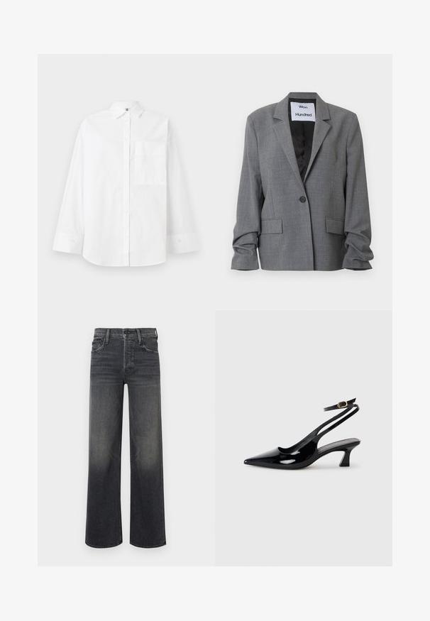 Blazer gris à un bouton avec revers crantés, deux poches à rabat et manches longues légèrement froncées, étiqueté "Won Hundred" à l'intérieur du col.; Chemise blanche à boutons en coton. Caractéristiques : manches longues, col, et une poche poitrine. Texture lisse, design classique.; Jeans à jambes larges en denim gris foncé, avec un effet dégradé subtil. Design classique à cinq poches avec passants de ceinture et coutures visibles.; Escarpins à brides arrière en cuir verni noir, à bout pointu, avec un petit talon carré et une sangle de cheville ajustable dotée d'une boucle dorée.