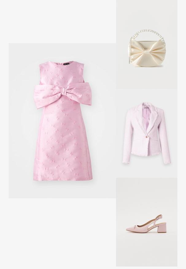 Blazer texturizado de color rosa claro con bordes con flecos, mangas largas, cierre con un solo botón en tono oro rosa y forro interior de satén suave.; Vestido rosa sin mangas con una tela texturizada, que presenta un gran lazo en la parte frontal y un patrón floral grabado en todo el vestido.; Tacón slingback rosa con punta puntiaguda, parte superior de tela, recortes redondeados, detalles de perlas y tacón grueso. Cuenta con un detalle de hebilla lateral.; Pequeño bolso de satén marfil con un gran lazo decorativo, asa de piedras brillantes y correa de cadena plateada sobre fondo blanco.