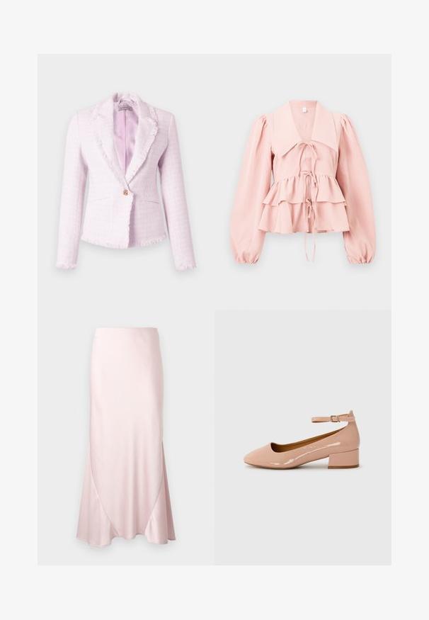 Blazer texturizado de color rosa claro con bordes con flecos, mangas largas, cierre con un solo botón en tono oro rosa y forro interior de satén suave.; Blusa rosa claro con gran cuello, mangas largas abullonadas, bajo con volantes en capas y tres cierres delanteros con lazo.; Falda midi de satén color rosa claro con una silueta en línea A y sutiles detalles de costuras diagonales sobre un fondo liso.; Zapatilla plana de charol rosa con punta redondeada, tira al tobillo y tacón bajo. Textura suave y diseño minimalista.