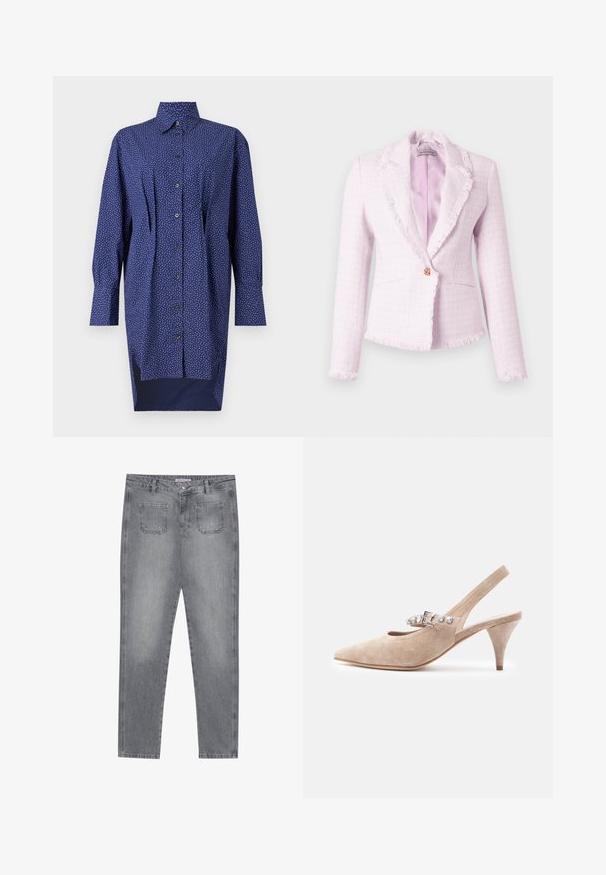 Veston rose pâle texturé avec bords à franges, manches longues, fermeture à un bouton en or rose, et doublure intérieure en satin lisse.; Robe chemise longue bleu marine, boutonnée à l'avant, motif à pois blancs, col, manches longues, fentes sur les côtés à l'ourlet, en coton.; Jean en denim gris à coupe droite, avec cinq poches et une fermeture par bouton. Présente un lavage clair et des détails de couture classiques.; Escarpin à bride arrière en daim beige avec bout pointu, bride ajustable ornée d'accents décoratifs argentés, et talon mince et élégant.