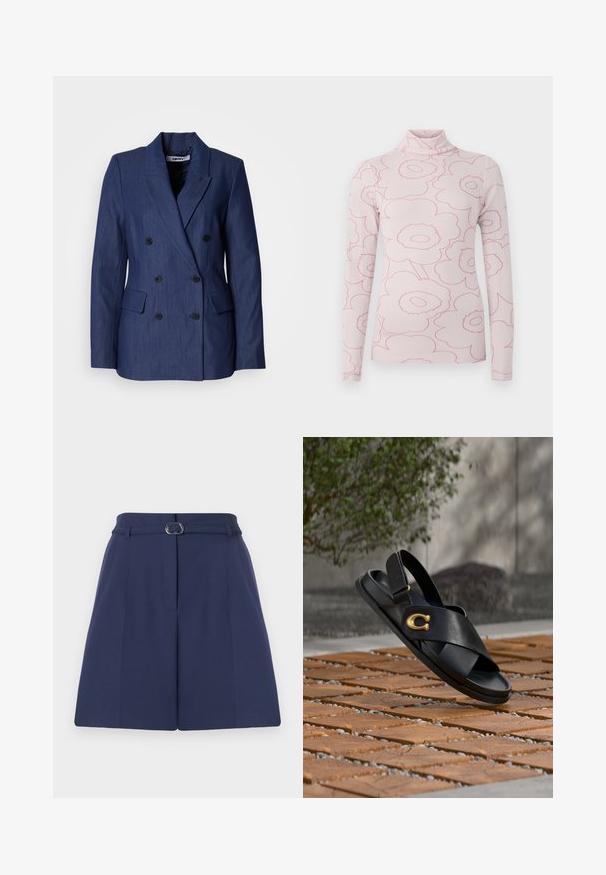 Laivastonsininen kaksirivinen bleiseri, jossa on kaksi etutaskua, rakennetut olkapäät ja mustat napit. Valmistettu sileästä, teksturoidusta kankaasta.; Vaaleanpunainen turtleneck-paita pitkillä hihoilla, jossa on tummanpunaisella ääriviivalla varustettu kukkakuosi. Pehmeä materiaali, vartalonmyötäinen muotoilu.; Navy siniset, vyöllä varustetut shortsit, joissa on vyölenkit, laskostyksia ja sileä kankaan rakenne. Perus suora leikkaus.; Mustan nahkainen sandaali, jossa kullanvärinen solkiviehe, puulattialla ulkona, taustalla epätarkka vihreä pensas ja harmaa seinä.