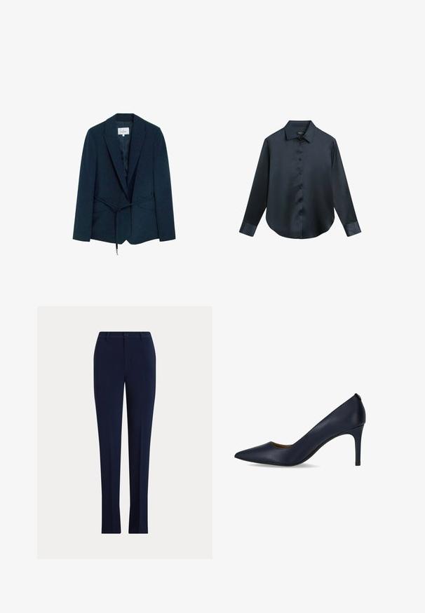 Navyblå skræddersyet blazer med hakkede revers, forlommer og et tyndt bælte bundet i taljen.; Sort langærmet satin skjorte med krave og forreste knapper, vist fladt mod en hvid baggrund.; Mørkeblå skræddersyede bukser med lige ben med knap og bælteholdere på en lys baggrund.; Mørkeblå højhælede pumps lavet af glat læder, med spidse tæer og en slank hæl. Enkelt design uden yderligere udsmykning.