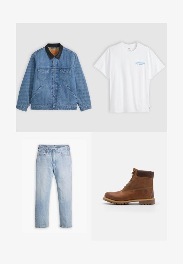 Blue pinstriped denim jacket with black collar, button front, two chest pockets with buttons, and two large side pockets.; White short-sleeve t-shirt with small blue "LIVING LEGEND" text printed on the left chest against a plain gray background.; Light blue denim jeans with a straight leg design, five-pocket style, and contrasting stitching. Button and zipper closure at the waist.; Brown leather hiking boot with a smooth finish, padded ankle, metal eyelets, and a rubber sole featuring a rugged tread pattern.