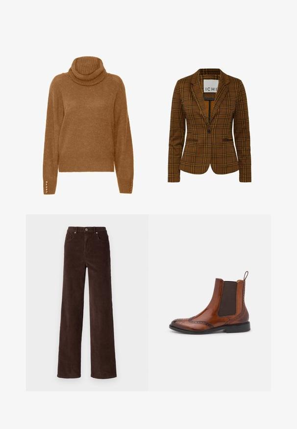 Blazer à carreaux marron en tissu texturé, avec un revers cranté, une fermeture à un bouton et deux poches avant.; Pull à col roulé marron avec une finition douce et texturée et des manches longues. Présente des accents semblables à des perles sur les poignets.; Vero Moda VMTESSA WIDE PANTS - Pantalon classique - chocolate torte; Bottines Chelsea en cuir marron avec des détails en brogue, panneaux élastiques sur les côtés et une languette. Elles présentent un bout arrondi et une semelle noire.