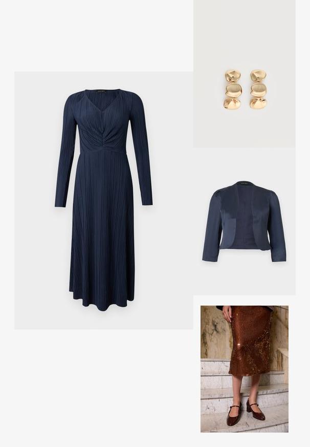 Blazer bleu marine court à devant ouvert avec manches longues et épaules légèrement rembourrées, fabriqué en tissu satin lisse.; Robe bleu marine à manches longues avec une texture plissée, un décolleté en V, et un corsage froncé. Elle descend jusqu'à mi-mollet avec un ourlet droit.; Femme portant une jupe midi en sequins bruns et des escarpins Mary Jane en crocodile texturé marron foncé, se tenant sur des escaliers en marbre.; Boucles d’oreilles pendantes ton or avec trois segments irréguliers, lisses et arrondis empilés verticalement sur un fond clair uni.