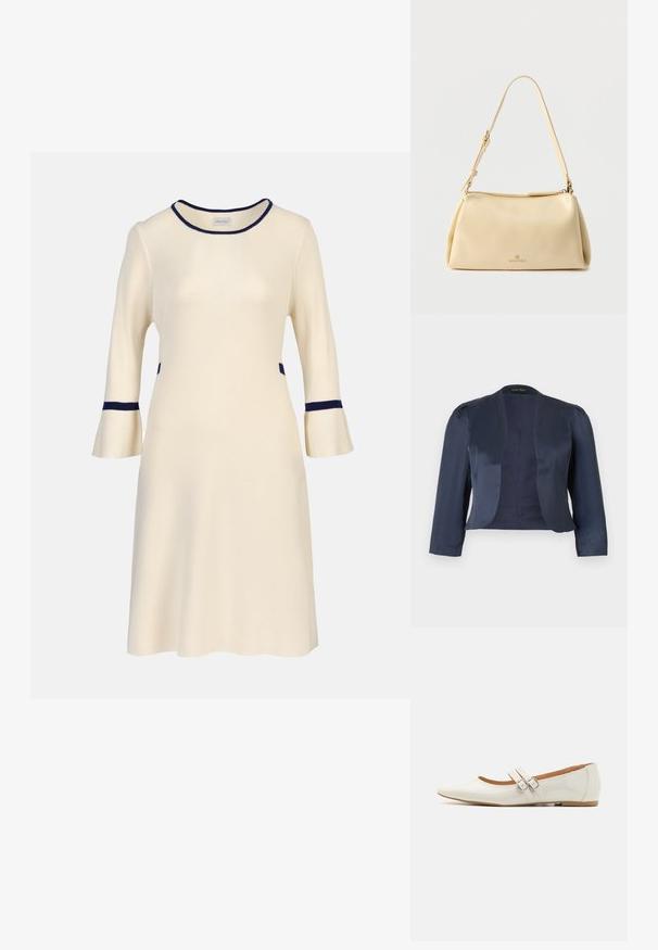 Marineblå cropped åben-front blazer med lange ærmer og let polstrede skuldre, lavet af glat satinstof.; Krem midi-kjole med trekvartlange klokkeærmer, navy kant på halsudskæring, manchetter og talje, ribstrikket stof.; Hvide patentlæder flade sko med spids tå, to dekorative stropper med sølvspænder og en diskret brun sål.; Beige rektangulær skuldertaske med justerbar rem og lynlås, med en lille "Anna Field"-logo midt foran.