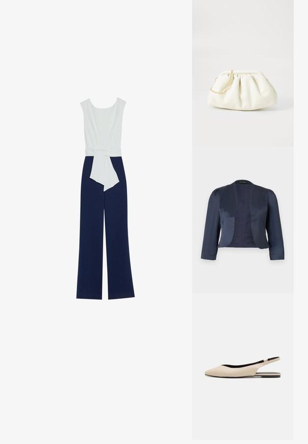 Marineblauer, kurz geschnittener Blazer mit offenem Vorderteil, langen Ärmeln und leicht gepolsterten Schultern, gefertigt aus glattem Satinstoff.; Marineblauer Jumpsuit mit einem enganliegenden weißen Oberteil, weiten Hosen und einem Taillengürtel. Glatter Stoff mit einer klaren Silhouette und minimalistischem Design.; Beige Leder Slingback-Ballerinas mit spitzem Zeh, minimalistischem Design, glatter Textur und einer niedrigen schwarzen Sohle.; Weiße Lederhandtasche mit einem gerafften Design, ausgestattet mit einem goldenen Kettenriemen und einer runden Form. Glatte Textur mit sanften Falten und ohne Muster.