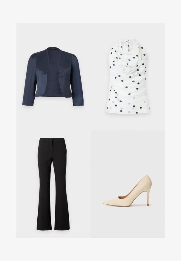 Marineblå cropped åben-front blazer med lange ærmer og let polstrede skuldre, lavet af glat satinstof.; Hvid haltertop med sorte og grå polkaprikker, med cowl-halsudskæring og bindelukning bagpå.; Sorte viddebukser lavet af glat stof med en forreste pressefold, bæltestropper og en skræddersyet pasform. Ren design uden synlige mønstre.; Beige læder højhælede pumps med spidse tæer og et udskæringsdetalje på siden, der har en slank stilettohæl for støtte.