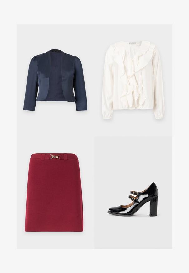 Marineblauwe cropped blazer met open voorzijde, lange mouwen en licht gevoerde schouders, gemaakt van glad satijnen stof.; Witte blouse met een gerimpeld voorkantontwerp, zachte stof, lange mouwen en knoopsluitingen. Voorzien van een gestructureerde kraag en gerimpelde manchetten.; Bordeauxrode rok tot op de knie met lussen voor een riem en een gouden paardenbitgespdetail aan de tailleband.; Zwarte gepatineerde leren Mary Jane-schoen met twee gespen en een chunky hoge hak, weergegeven in zijaanzicht op een effen achtergrond.