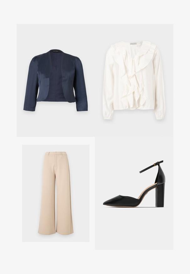 Marineblå cropped åben-front blazer med lange ærmer og let polstrede skuldre, lavet af glat satinstof.; Hvid bluse med flæsefront, blødt stof, lange ærmer og knaplukning. Har en struktureret krave og rynkede manchetter.; Beige bukser med højt talje og vide ben, med bæltestropper og skjult lukning foran, på hvid baggrund.; Sorte læder højhælede sko med ankelrem, spids tå og firkantet chunky hæl. Glat tekstur med et minimalistisk design.