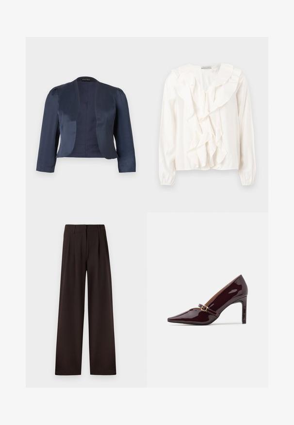 Marineblauwe cropped blazer met open voorzijde, lange mouwen en licht gevoerde schouders, gemaakt van glad satijnen stof.; Witte blouse met een gerimpeld voorkantontwerp, zachte stof, lange mouwen en knoopsluitingen. Voorzien van een gestructureerde kraag en gerimpelde manchetten.; Donkerbruine wijde pantalon met plooi en riemlussen, voorzien van een voorrits en een nette zoom tegen een effen achtergrond.; Patente bordeaux hoge hak schoen met puntige neus, enkelsluitle met gouden hardware en een strakke, gepolijste afwerking. Verhoogde stiletto hak.