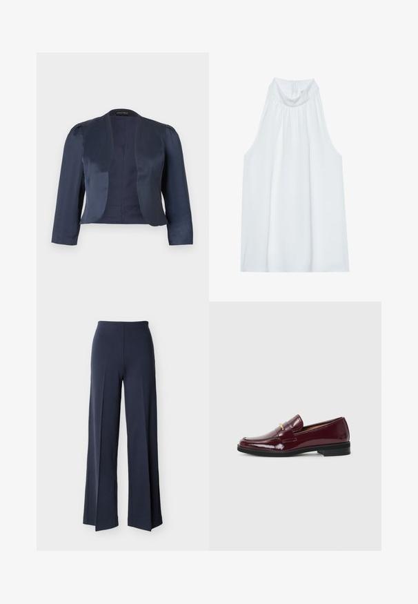 Marineblauwe cropped blazer met open voorzijde, lange mouwen en licht gevoerde schouders, gemaakt van glad satijnen stof.; Witte mouwloze top met een hoge hals, gemaakt van zachte stof, met geplooide details bij de halslijn en een verborgen ritssluiting aan de achterkant.; Marineblauwe wijde broek met zijsplitsingen, hoge taille en een gladde voorkant, weergegeven tegen een witte achtergrond.; Bordeaux gepatineerde leren loafers met een ronde neus, voorzien van een decoratieve band en gouden accent, geplaatst op een zwarte rubberen zool.
