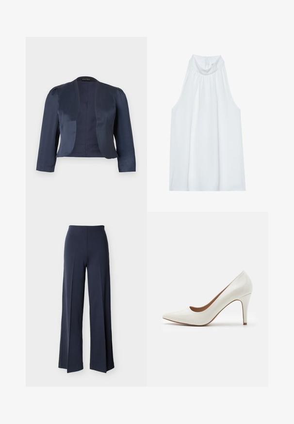 Blazer bleu marine court à devant ouvert avec manches longues et épaules légèrement rembourrées, fabriqué en tissu satin lisse.; Haut sans manches blanc avec un col montant, en tissu doux, présentant des détails froncés au niveau du col et une fermeture éclair dissimulée à l'arrière.; Pantalon large bleu marine avec fentes latérales, taille haute et devant lisse, présenté sur un fond blanc.; Chaussure à talon haut en cuir verni blanc avec un bout pointu et une surface lisse, dotée d'un talon fin et d'une découpe basse autour de l'ouverture.