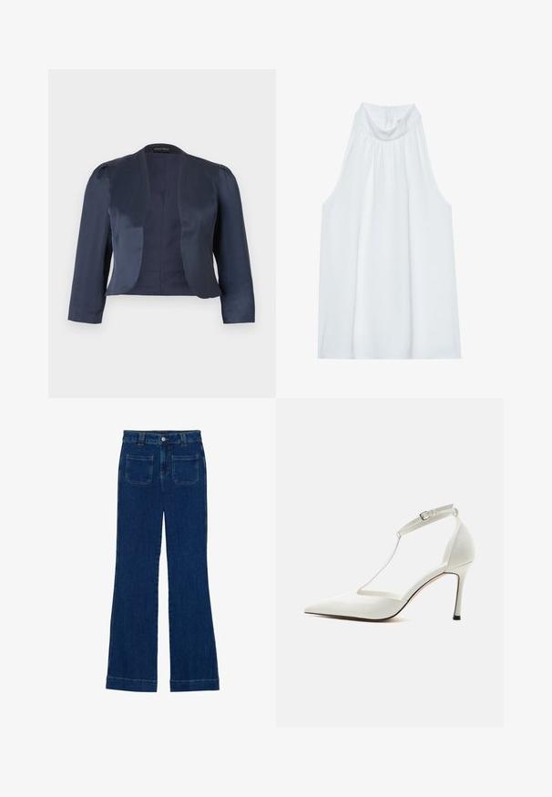 Blazer bleu marine court à devant ouvert avec manches longues et épaules légèrement rembourrées, fabriqué en tissu satin lisse.; Haut sans manches blanc avec un col montant, en tissu doux, présentant des détails froncés au niveau du col et une fermeture éclair dissimulée à l'arrière.; Jean flare en denim bleu foncé avec une texture lisse, design à cinq poches et fermeture à bouton à la taille.; Escarpin blanc à bout pointu avec fine bride de cheville et boucle, finition lisse et talon stiletto fin sur un fond uni.