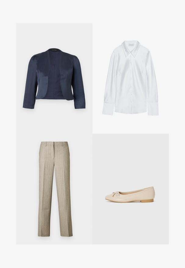 Marineblå cropped åben-front blazer med lange ærmer og let polstrede skuldre, lavet af glat satinstof.; Hvid langærmet skjorte med klassisk krave, med knaplukning fortil og glat tekstur, lavet af letvægtigt stof med en subtil glans.; Beige bukser med nålestriber og et lige ben-design, der har en struktureret linning og en subtil tekstur i hele stoffet.; Beige balletflader lavet af glat syntetisk materiale. Har en lille blokhæl og en knyttet detalje med gyldne accenter på tåen.