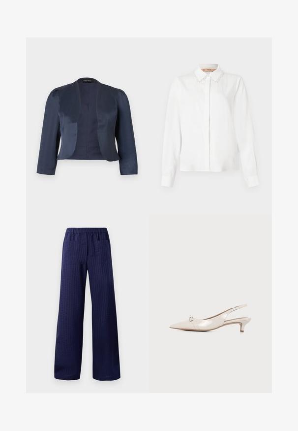 Blazer azul marino corto de corte abierto con mangas largas y hombros ligeramente acolchados, hecho de tela satinada suave.; Blusa blanca de manga larga con cuello adornado con perlas, botones frontales ocultos y puños ajustados sobre un fondo liso.; Pantalones de pierna ancha en color navy con un acabado texturizado, cinturilla elástica y dos bolsillos traseros. Fabricados con un tejido ligero y transpirable.; Zapato beige de charol con talón kitten slingback, punta afilada y una pequeña correa con hebilla en la parte delantera.