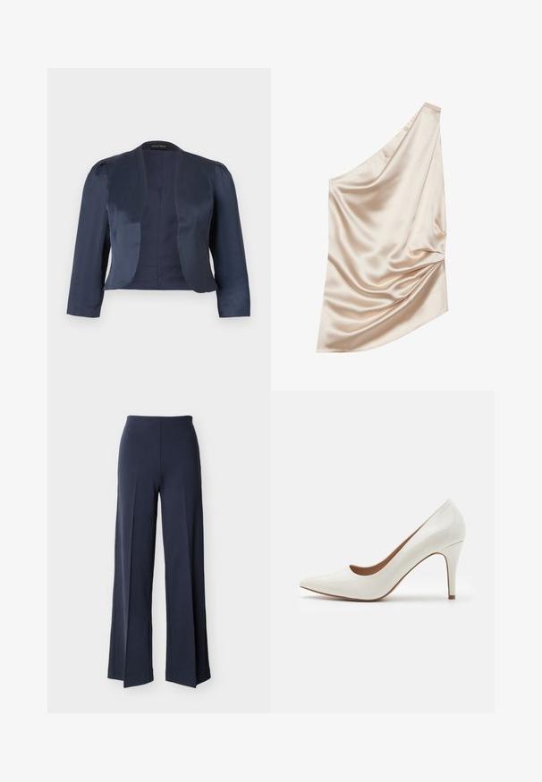 Marineblå cropped åben-front blazer med lange ærmer og let polstrede skuldre, lavet af glat satinstof.; Satin stof i lyse nude farve med en one-shoulder design, der har draperet tekstur og samlet detalje på den ene side.; Marineblå bukser med vide ben og sideslidser, høj talje og glat front, vist mod en hvid baggrund.; Hvide patentlæder højhælede sko med spids tå og en glat overflade, der har en slank hæl og en lav skæring omkring åbningen.