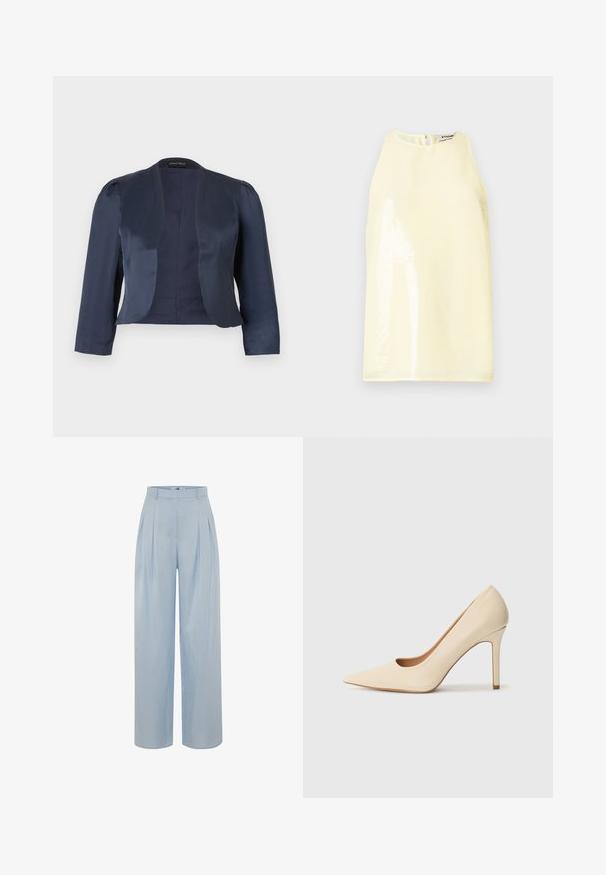 Blazer azul marino corto de corte abierto con mangas largas y hombros ligeramente acolchados, hecho de tela satinada suave.; Top sin mangas de color amarillo claro con una textura suave, que presenta un panel brillante en el frente y una pequeña cremallera en la parte posterior.; adL Pantalones - blue; Zapato de tacón alto de piel beige con punta afilada y un detalle recortado en el lateral, que cuenta con un tacón stiletto delgado para ofrecer soporte.