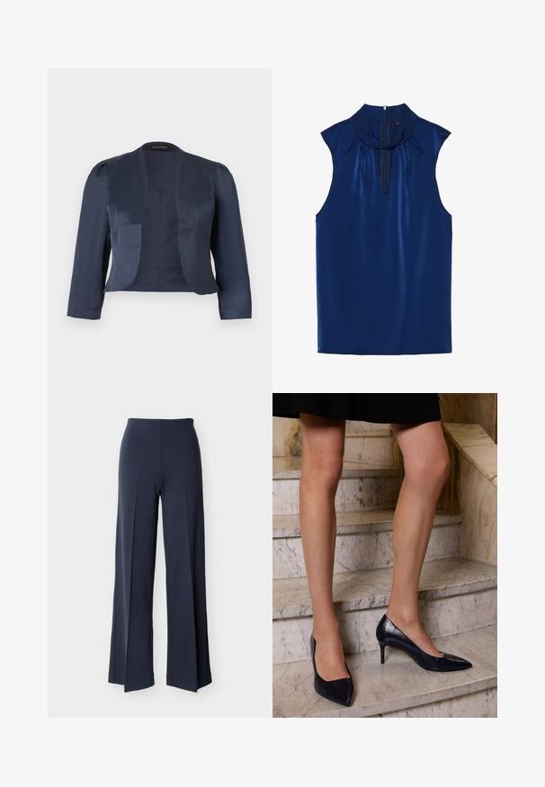 Marineblå cropped åben-front blazer med lange ærmer og let polstrede skuldre, lavet af glat satinstof.; Mørkeblå ærmeløs top med høj krave, der har en dyb V-udskæring og plisserede detaljer. Lavet af et glat, skinnende stof med en skjult lynlås.; Marineblå bukser med vide ben og sideslidser, høj talje og glat front, vist mod en hvid baggrund.; Mørkeblå højhælede sko med spids tå, der har en glat og tekstureret finish, som ligner krokodilleskind.