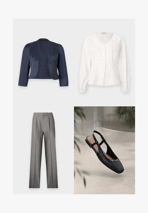 Marineblå cropped åben-front blazer med lange ærmer og let polstrede skuldre, lavet af glat satinstof.; Hvid langærmet bluse med V-hals, knaplukning foran, figursyet talje og elastiske manchetter, vist på en ensfarvet baggrund.; Grå skræddersyede bukser med et plisseret frontpanel, lige ben og en subtil tekstur. Har en linning med bæltestropper og ingen synlige lommer.; Sorte læder slingback flade sko med firkantet tå, prydet med en blank patenteret kant og justerbare remme for en sikker pasform.