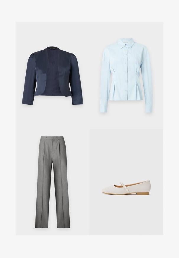 Marineblå cropped åben-front blazer med lange ærmer og let polstrede skuldre, lavet af glat satinstof.; Lyseblå skjorte med krave, lange ærmer, foran knaplukning og plisserede detaljer ved taljen, lavet af glat stof.; Grå skræddersyede bukser med et plisseret frontpanel, lige ben og en subtil tekstur. Har en linning med bæltestropper og ingen synlige lommer.; Flade sko i blødt beige materiale med en spids tådesign. Har en dekorativ rem med hvide perledetaljer. Lav hæl.