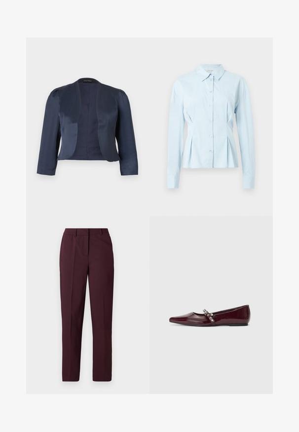 Marineblå cropped åben-front blazer med lange ærmer og let polstrede skuldre, lavet af glat satinstof.; Lyseblå skjorte med krave, lange ærmer, foran knaplukning og plisserede detaljer ved taljen, lavet af glat stof.; Burgunderrøde bukser med lige ben og en glat tekstur, der har en flad front og ingen synlige lommer. Skræddersyet design med en klassisk pasform.; Bordeaux patentlæder flade sko med spids tå, ankelrem med sølvhardware og flad sål. Glat, blank struktur.