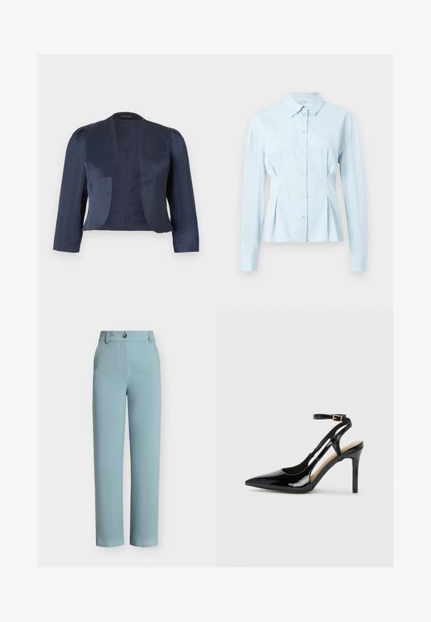 Blazer bleu marine court à devant ouvert avec manches longues et épaules légèrement rembourrées, fabriqué en tissu satin lisse.; Chemise bleu clair avec col, manches longues, fermeture boutonnée à l'avant et détails plissés à la taille, en tissu lisse.; Pantalon bleu clair à jambes droites avec passants de ceinture, fermeture par bouton et poches latérales avant sur fond uni.; Escarpin en cuir verni noir à talon haut, avec un bout pointu, une bride réglable à la cheville et des côtés ouverts. Texture lisse.