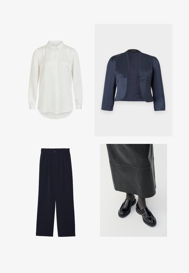 Marineblå cropped åben-front blazer med lange ærmer og let polstrede skuldre, lavet af glat satinstof.; Hvid langærmet skjorte med klassisk krave, der har en glat tekstur og knaplukning. Rundet kant og let puffede ærmer.; Marineblå brede bukser med en glat tekstur, elastisk talje, enkel frontfold og en knaplukning i taljen.; Sorte læder loafers med en glat finish, prydet med en dekorativ rem, rund tå og tekstureret sål. Båret med en lang sort læderskirt.
