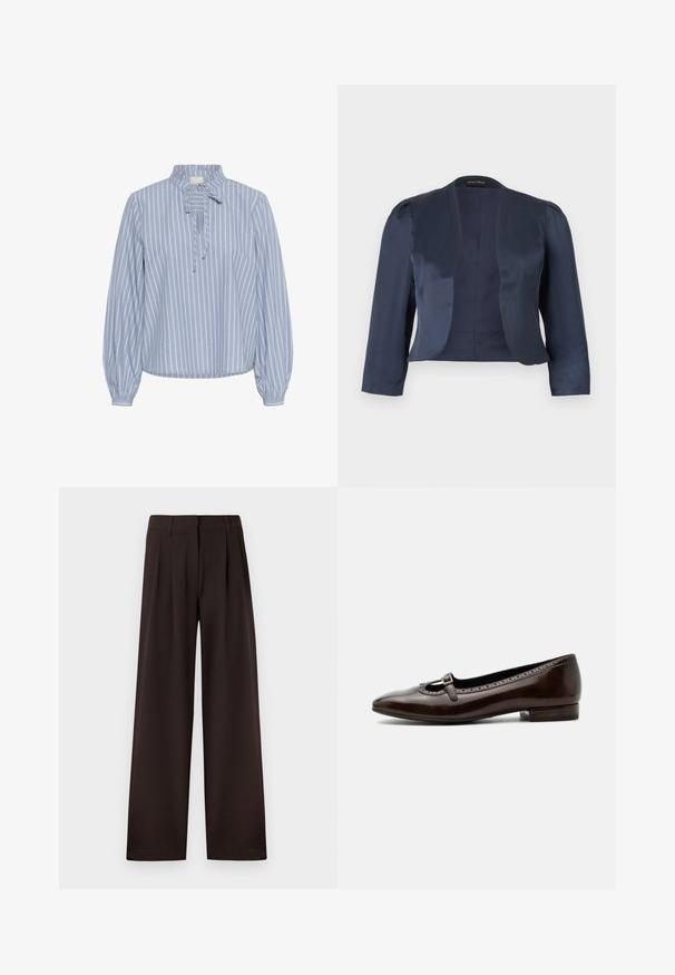 Marineblauwe cropped blazer met open voorzijde, lange mouwen en licht gevoerde schouders, gemaakt van glad satijnen stof.; Kaffe KAMILINA - Blouse - windward blue melange stripe; Donkerbruine wijde pantalon met plooi en riemlussen, voorzien van een voorrits en een nette zoom tegen een effen achtergrond.; Donkerbruine lakleren Mary Jane-schoen met lage hak, afgeronde neus en een klein gespsluiting over de wreef.