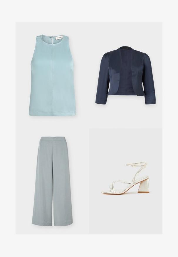 Blazer bleu marine court à devant ouvert avec manches longues et épaules légèrement rembourrées, fabriqué en tissu satin lisse.; Blouse bleu clair sans manches avec col rond et fermeture boutonnée à l'arrière, avec une couture centrale à l'avant.; Pantalon large bleu clair à taille haute et lignes épurées, montré à plat sur fond blanc.; Sandales à talons hauts métalliques argentés avec un large talon bloc, dotées de fines brides autour de la cheville et d'une ouverture carrée à l'avant.