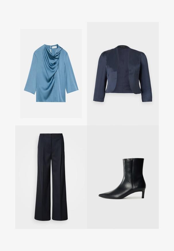 Blazer bleu marine court à devant ouvert avec manches longues et épaules légèrement rembourrées, fabriqué en tissu satin lisse.; Blouse en satin bleu avec un devant drapé, un col rond et des manches trois-quarts. Texture lisse avec un léger éclat et un détail en trou de serrure au dos.; Pantalon à jambes larges bleu marine foncé, en tissu lisse. Il présente une ceinture cintrée et des plis devant, conçu pour une coupe décontractée.; Bottine en cuir noir avec un bout pointu, une silhouette effilée et un petit talon rond. Texture lisse avec un minimum de détails.