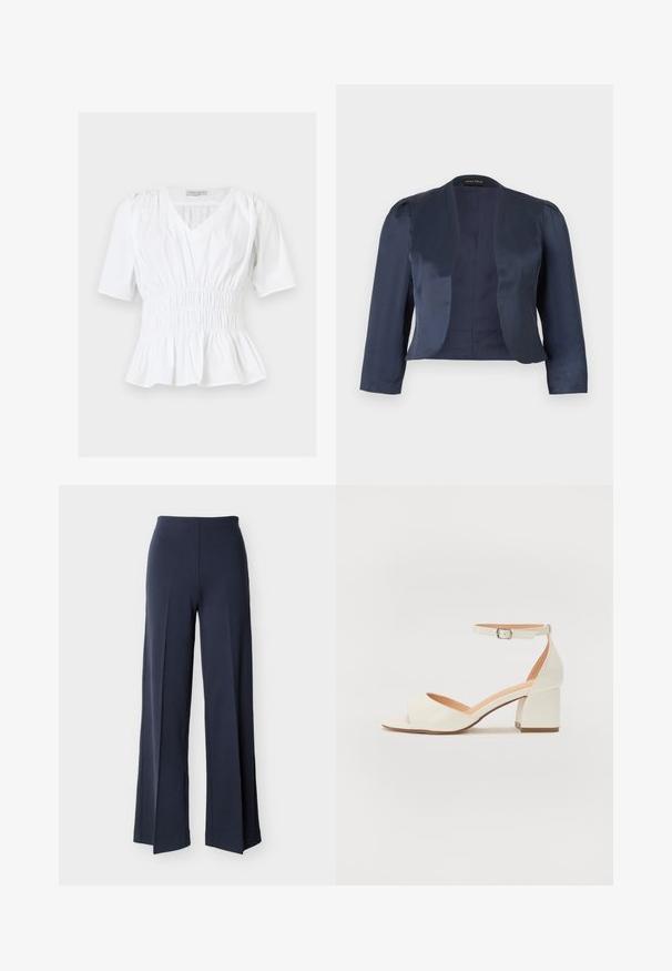 Blazer bleu marine court à devant ouvert avec manches longues et épaules légèrement rembourrées, fabriqué en tissu satin lisse.; Blouse blanche à manches courtes avec col en V, taille élastique froncée, épaules légèrement bouffantes et ourlet péplum, posée à plat sur un fond clair.; Pantalon large bleu marine avec fentes latérales, taille haute et devant lisse, présenté sur un fond blanc.; Sandale à talons couleur crème avec une bride à la cheville, bout ouvert et talon bloc. Texture en cuir lisse avec un design minimaliste.