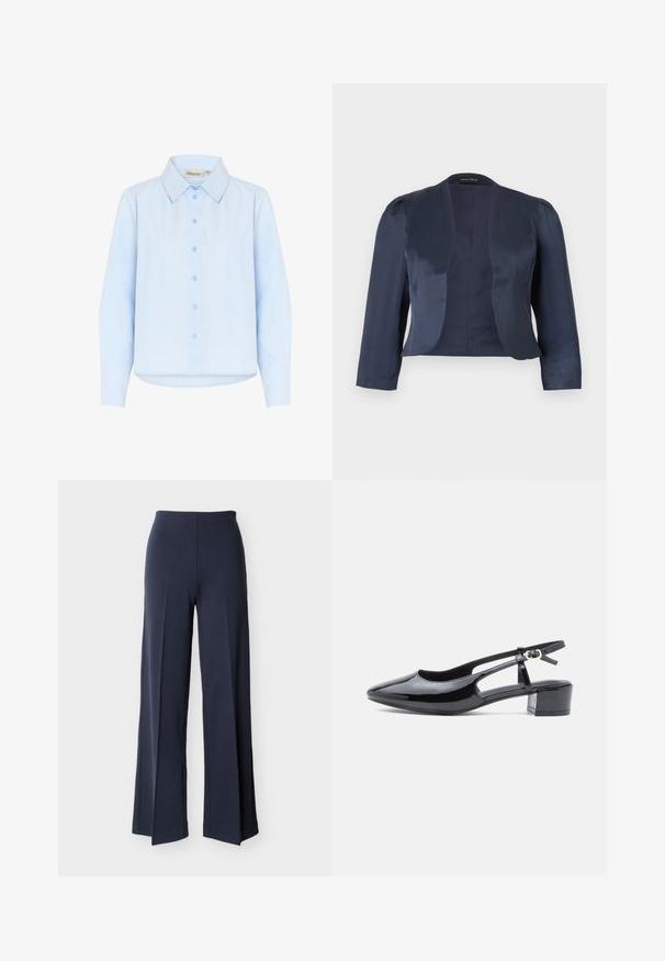 Blazer bleu marine court à devant ouvert avec manches longues et épaules légèrement rembourrées, fabriqué en tissu satin lisse.; Chemise col bleu clair en coton lisse. Elle se ferme par des boutons à l'avant et possède des manches longues avec un ourlet arrondi.; Pantalon large bleu marine avec fentes latérales, taille haute et devant lisse, présenté sur un fond blanc.; Chaussure slingback en cuir verni noir avec un bout pointu, des côtés découpés et un petit talon block. Équipée d'une bride de cheville avec une boucle.