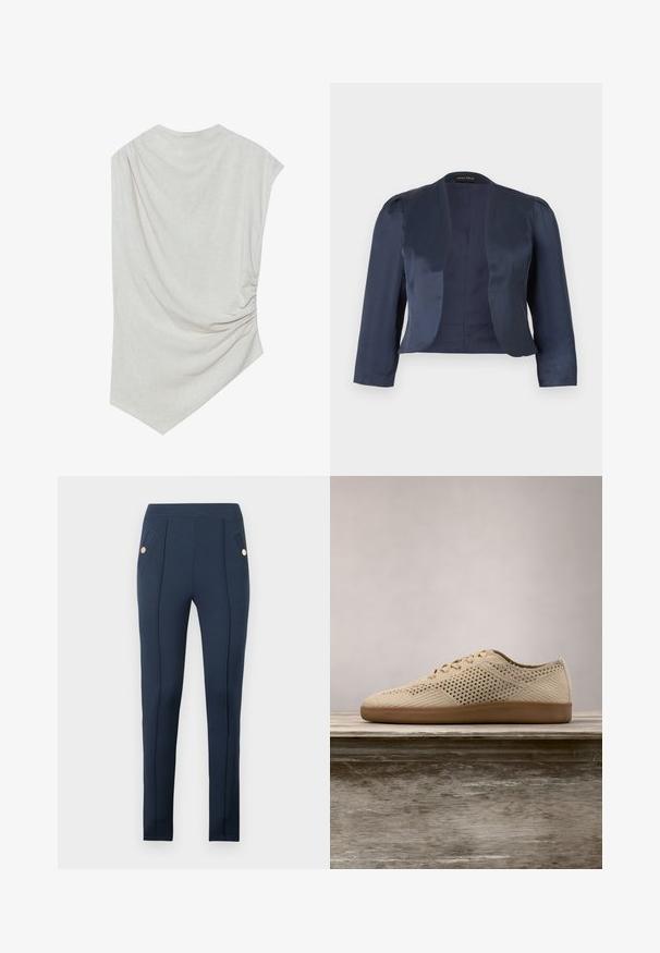 Blazer azul marino corto de corte abierto con mangas largas y hombros ligeramente acolchados, hecho de tela satinada suave.; Top beige claro con escote redondeado, dobladillo asimétrico y detalle fruncido en un lado. Está hecho de una tela suave y texturizada.; Pantalones ajustados azul marino con costuras delanteras cosidas y bolsillos laterales angulados, cada uno con un solo botón redondo dorado.; Zapatilla perforada beige con punta redonda, diseño de cordones, parte superior de tela texturizada y suela de goma marrón. Presenta pequeños agujeros de ventilación en toda su superficie.