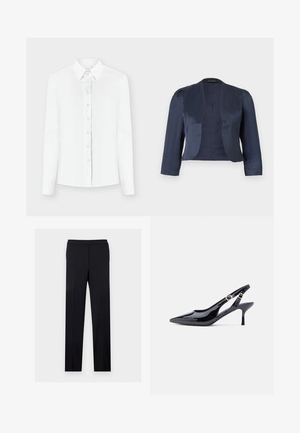 Blazer bleu marine court à devant ouvert avec manches longues et épaules légèrement rembourrées, fabriqué en tissu satin lisse.; Chemise blanche à manches longues avec col classique, tissu lisse et une patte de boutonnage complète ornée de boutons ronds transparents.; Pantalon habillé noir coupe droite, taille plate et plis repassés, présenté sur un fond clair uni.; Escarpin slingback en cuir verni noir avec bout pointu, bride à boucle réglable et talon haut et fin. Présente une découpe latérale ouverte.