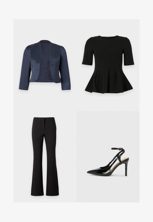Marineblauer, kurz geschnittener Blazer mit offenem Vorderteil, langen Ärmeln und leicht gepolsterten Schultern, gefertigt aus glattem Satinstoff.; Schwarzes kurzärmliges Peplum-Oberteil mit rundem Ausschnitt und vertikalen Nahtdetails, vor einem weißen Hintergrund präsentiert.; Schwarze, ausgestellte Hose aus glattem Stoff, mit einer vorderen Bügelfalte, Gürtelschlaufen und maßgeschneiderter Passform. Sauberes Design ohne sichtbare Muster.; Schwarze Patentleder-High-Heel-Slingback-Pumps mit spitzem Zeh, verstellbarem Knöchelriemen und offenen Seiten. Glatte Textur.