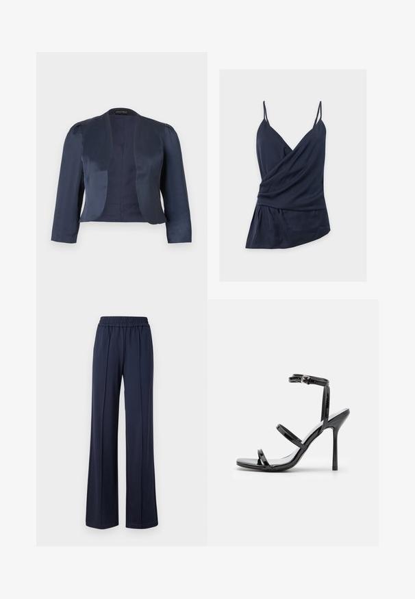 Marineblå cropped åben-front blazer med lange ærmer og let polstrede skuldre, lavet af glat satinstof.; Marineblå ærmeløs wrap-top med tynde spaghetti-stropper, V-udskæring, draperet stof og asymmetrisk kant på en ensfarvet hvid baggrund.; Mørkeblå, bredbenede bukser med elastisk talje, lavet af et blødt, glat stof. Har rene linjer og en afslappet silhuet.; Sorte patentlæder højhælede sandaler med tre horisontale stropper og en justerbar ankelstrop. Elegant silhuet og skinnende finish.