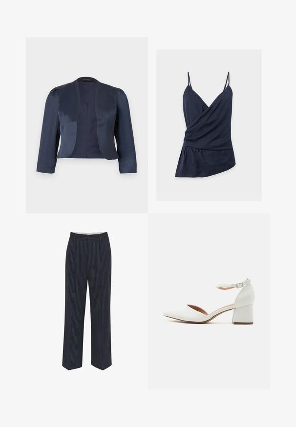 Blazer bleu marine court à devant ouvert avec manches longues et épaules légèrement rembourrées, fabriqué en tissu satin lisse.; Haut portefeuille sans manches bleu marine avec fines bretelles spaghetti, encolure en V, tissu drapé et ourlet asymétrique sur fond blanc uni.; Pantalons bleu marine avec des rayures verticales blanches, design à jambes larges, tissu lisse, passants de ceinture et pli sur le devant pour un look ajusté.; Chaussure blanche à talon bloc bas, bout pointu et bride de cheville avec de petites décorations ressemblant à des perles.