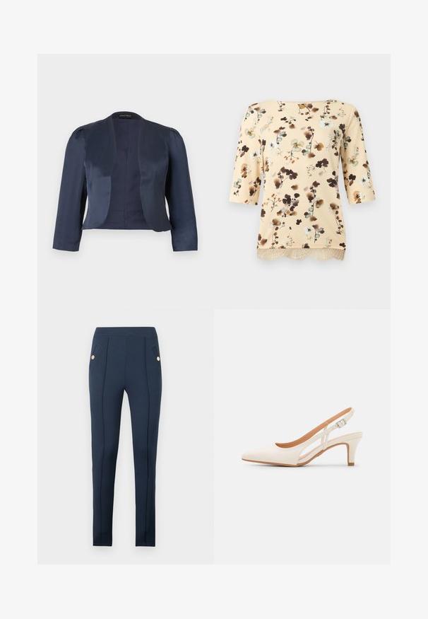 Marineblå cropped åben-front blazer med lange ærmer og let polstrede skuldre, lavet af glat satinstof.; Beige blomstret bluse med trekvartærmer, med brune, blå og hvide blomster og blondetrim ved kanten.; Mørkeblå slim-fit bukser med sydd foran sømme og skrå side lommer, hver med en enkelt rund guldknap.; Hvide slingback hæle med spids tå, glat overmateriale, lav blokhæl og sideudskæringsdesign med justerbar spænderem.
