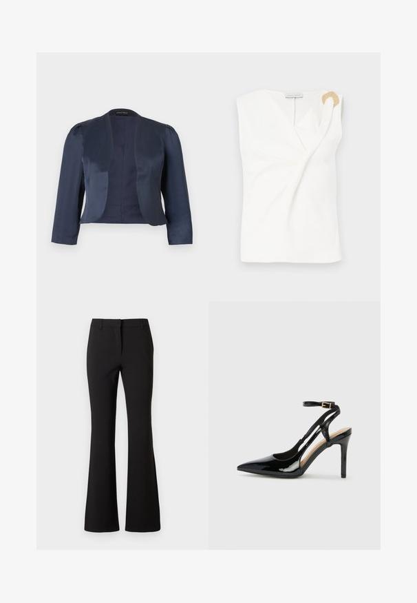 Marineblauer, kurz geschnittener Blazer mit offenem Vorderteil, langen Ärmeln und leicht gepolsterten Schultern, gefertigt aus glattem Satinstoff.; Ärmellose weiße Bluse mit einem Wickeldesign, die ein dekoratives Ringdetail in goldfarbener Ausführung auf der rechten Schulter aufweist.; Schwarze, ausgestellte Hose aus glattem Stoff, mit einer vorderen Bügelfalte, Gürtelschlaufen und maßgeschneiderter Passform. Sauberes Design ohne sichtbare Muster.; Schwarze Patentleder-High-Heel-Slingback-Pumps mit spitzem Zeh, verstellbarem Knöchelriemen und offenen Seiten. Glatte Textur.