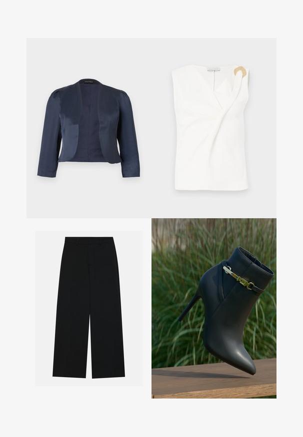 Marineblå cropped åben-front blazer med lange ærmer og let polstrede skuldre, lavet af glat satinstof.; Ærmeløs hvid bluse med en indpakningsdesign, der har en guldfarvet dekorativ ringdetalje på den højre skulder.; Breddebenede sorte bukser lavet af et glat stof. Har en flad talje med bæltestropper og ingen synlige lommer. Simpelt design.; Sorte højhælede ankelstøvler med spids tå og guldspænde, præsenteret på en træoverflade med grønne planter i baggrunden.