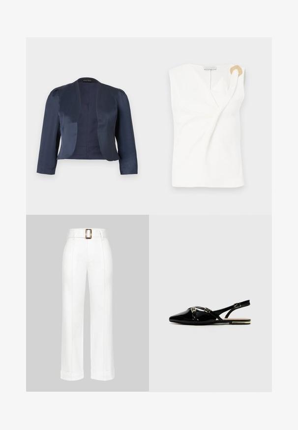 Marineblauwe cropped blazer met open voorzijde, lange mouwen en licht gevoerde schouders, gemaakt van glad satijnen stof.; Mouwloze witte blouse met een wikkelontwerp, voorzien van een decoratieve ring in goudkleur op de rechter schouder.; Witte wijde broekspijpen van katoen. Heeft een hoge taille met een grote rechthoekige gespen, en gestikte details langs de benen.; Zwarte gepatineerde slingback schoenen met een spitse neus, voorzien van twee gouden gespen en een kleine hak. Glad textuur en minimalistischer ontwerp.