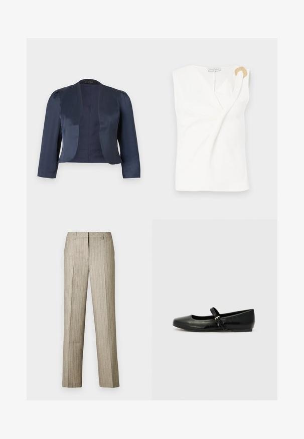 Blazer bleu marine court à devant ouvert avec manches longues et épaules légèrement rembourrées, fabriqué en tissu satin lisse.; Blouse sans manches blanche avec un design croisé, présentant un détail décoratif en forme d'anneau doré sur l'épaule droite.; Pantalon beige à fines rayures avec une coupe droite, doté d'une ceinture structurée et d'une texture subtile sur l'ensemble du tissu.; Ballerines en cuir noir avec un bout arrondi, une semelle plate et une fine sangle ajustable sur le cou-de-pied avec une boucle en métal.
