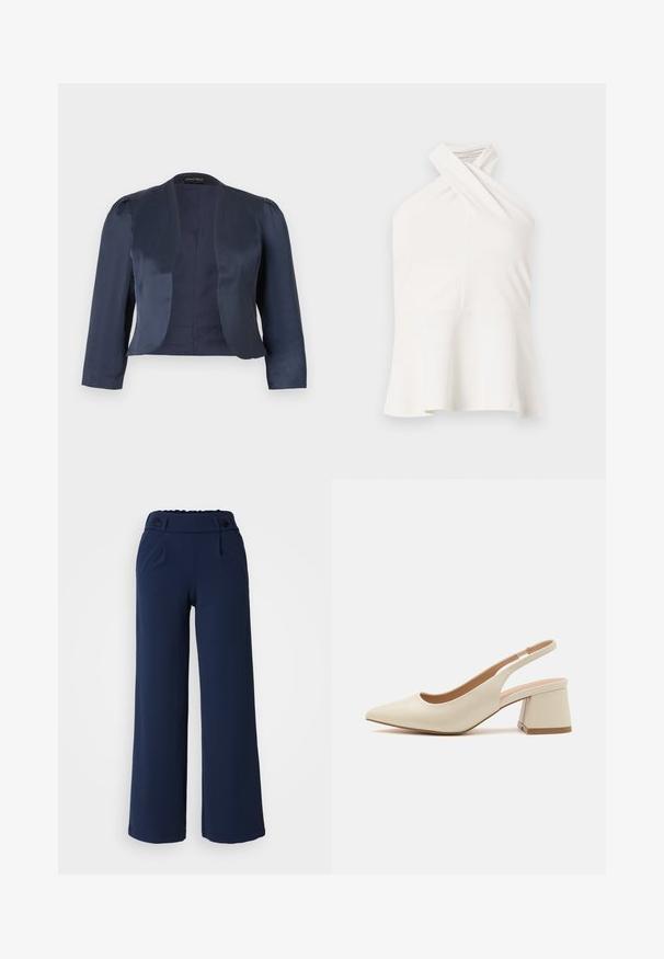Marineblå cropped åben-front blazer med lange ærmer og let polstrede skuldre, lavet af glat satinstof.; Hvid ærmeløs top med krydset halterhalsudskæring og udvidet nederdel, vist mod en ensartet lys baggrund.; Marineblå vidde bukser lavet af blødt stof; har flad front, to sidelommer og dobbelt knaplukning i taljen.; Spids tå slingback pump i lys beige læder med en lav blokhæl. Har et udskåret design og glat tekstur.