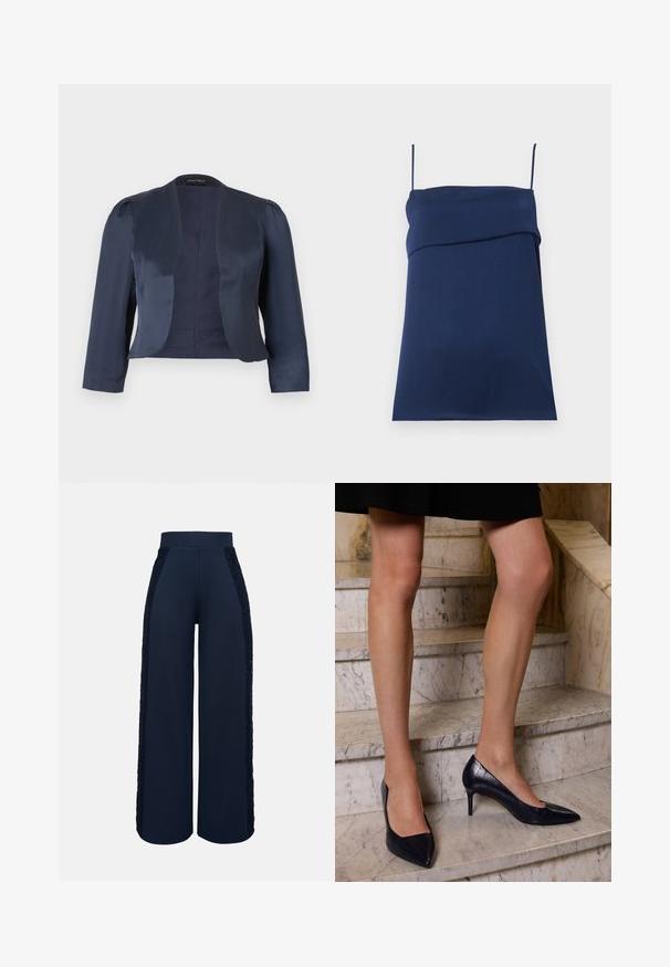 Marineblauer, kurz geschnittener Blazer mit offenem Vorderteil, langen Ärmeln und leicht gepolsterten Schultern, gefertigt aus glattem Satinstoff.; Marineblaues ärmelloses Kleid mit dünnen Schulterträgern und gefaltetem Detail über der Brust, flach auf einem hellen Hintergrund gelegt.; Marineblaue Hose mit weitem Bein, hohem Bund und Spitzeneinsätzen, die entlang der Außenseiten beider Beine verlaufen.; Marineblaue High-Heels mit spitzer Zehenform, die eine glatte und strukturierte Oberfläche aufweisen, die Wildleder ähnelt.