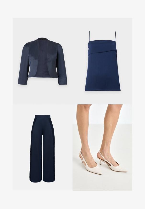 Blazer bleu marine court à devant ouvert avec manches longues et épaules légèrement rembourrées, fabriqué en tissu satin lisse.; Robe bleu marine sans manches avec fines bretelles et détail plissé sur la poitrine, étalée à plat sur un fond clair.; Pantalon large marine avec taille haute et panneaux en dentelle le long des côtés extérieurs des deux jambes.; Escarpins à talon slingback en cuir verni beige avec un bout pointu et un talon de 5 cm, présentant des côtés découpés et une fine bride à la cheville.