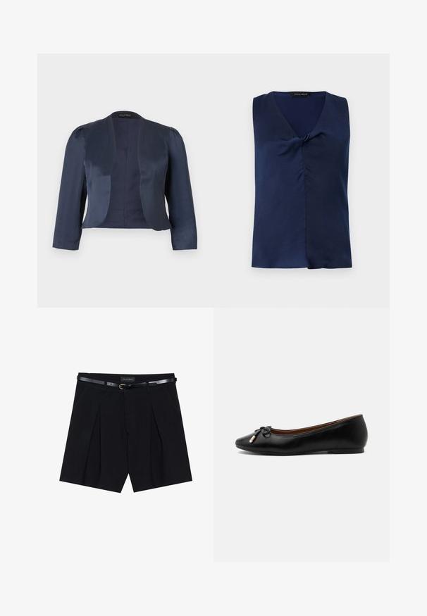 Marineblauwe cropped blazer met open voorzijde, lange mouwen en licht gevoerde schouders, gemaakt van glad satijnen stof.; Diepblauwe mouwloze blouse met V-hals en een subtiele gedraaide detail aan de voorkant, netjes opgevouwen tegen een effen lichte achtergrond.; Zwarte op maat gemaakte shorts met plooien, voorzien van een slanke zwarte riem met een gouden gesp. Gemaakt van een soepele stof, die een verfijnde uitstraling biedt.; Zwarte leren ballerina met een afgeronde neus, een klein strikje met goudkleurige uiteinden en een lage platte hak op een grijze achtergrond.